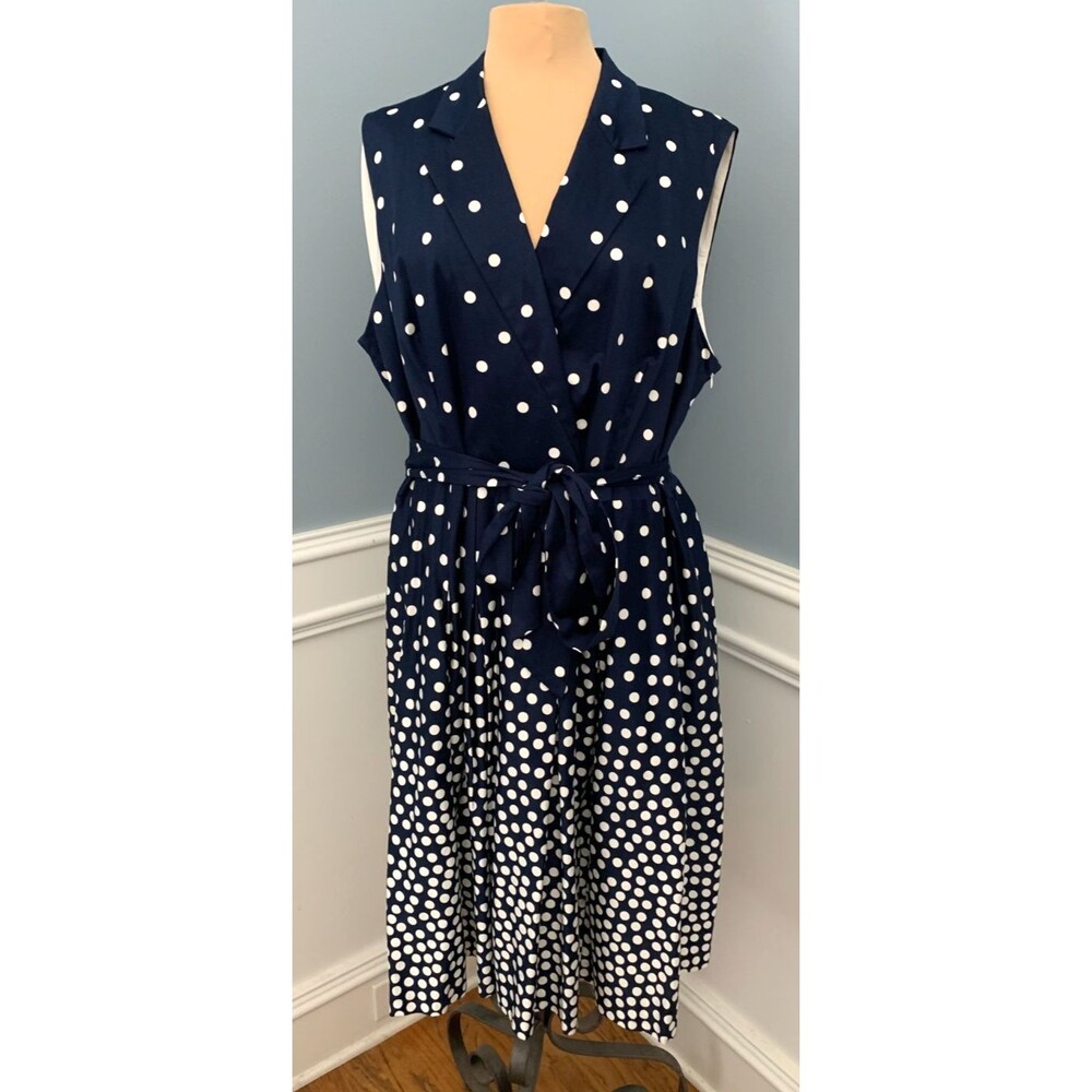 Anne Klein Dress Womens 22W Cadet Fit Flare Wrap Sleeveless Sateen Polka-Dot
